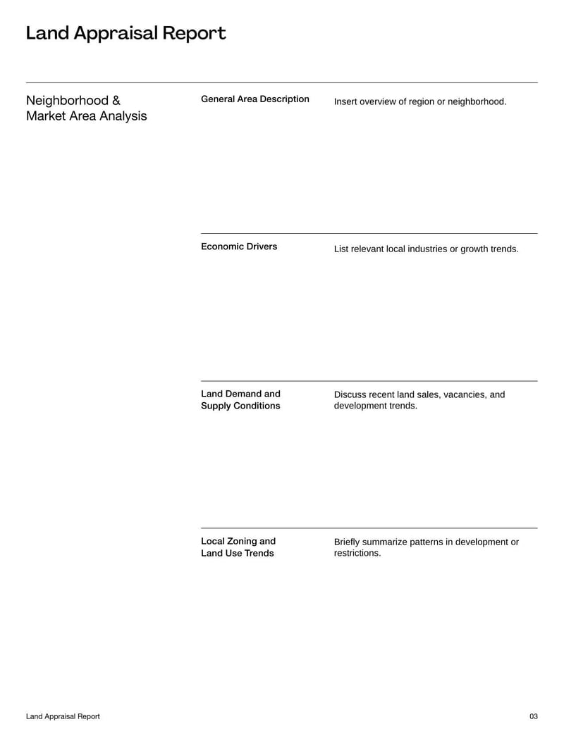 Land Appraisal Report Template helps assess the value of a land parcel for purchase, sale, or development decisions