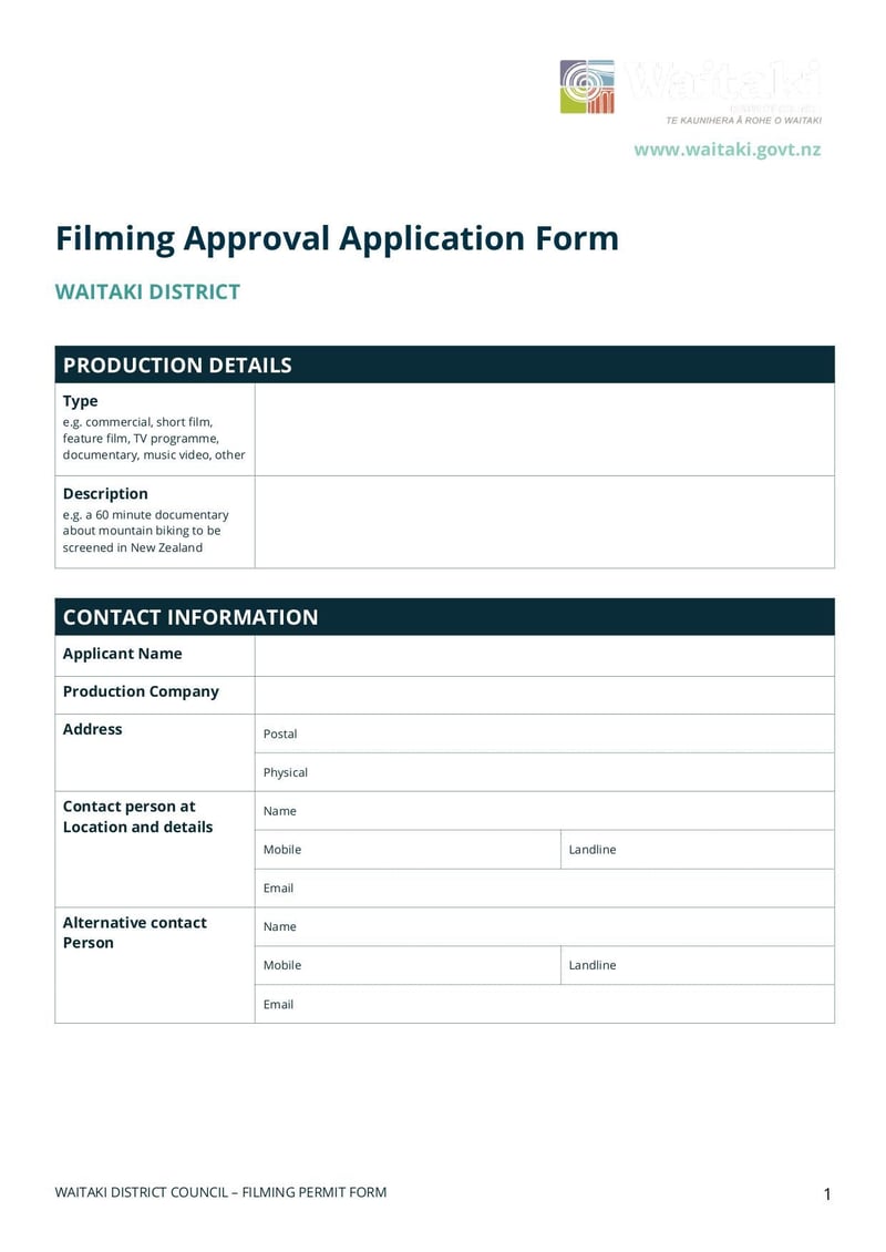 Large thumbnail of Waitaki District Filming Approval Application Form - Sep 2021