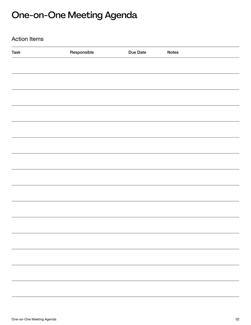 One-on-One Meeting Agenda with sections for check-in, updates, goals, feedback and action items