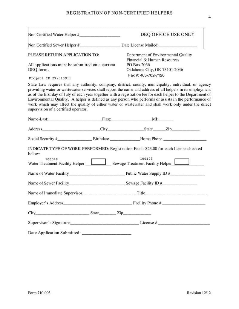 Large thumbnail of Form 710003 Non Certified Helper Registration Application - Dec 2012