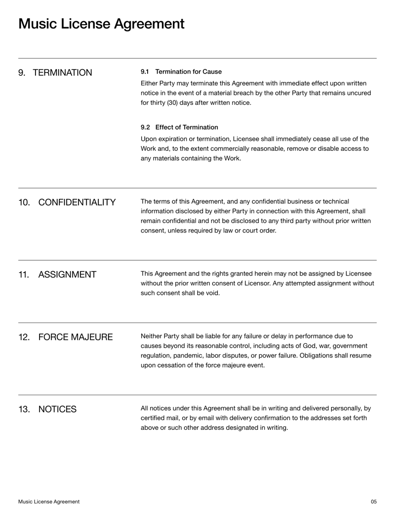 Music License Agreement for granting legal rights to use music under defined conditions