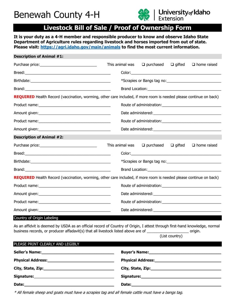 Large thumbnail of Benewah County Livestock Bill of Sale and Proof of Ownership Form