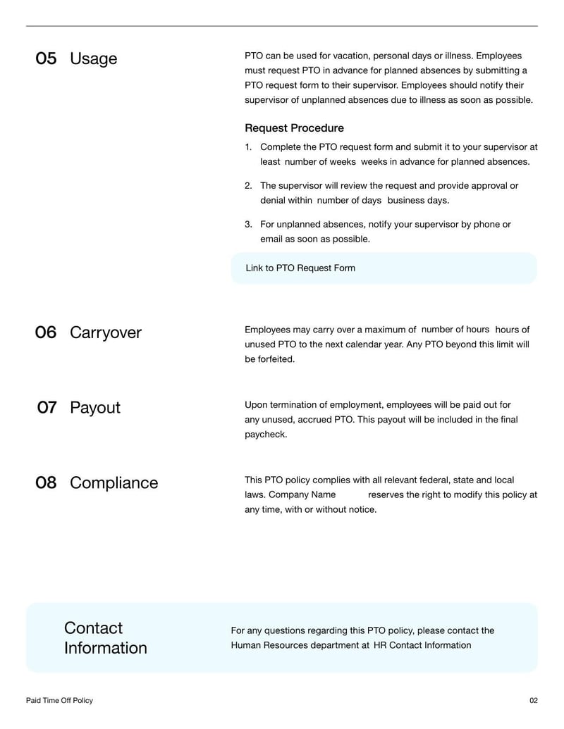 Paid Time Off Policy Document outlining vacation, sick leave, and personal time guidelines