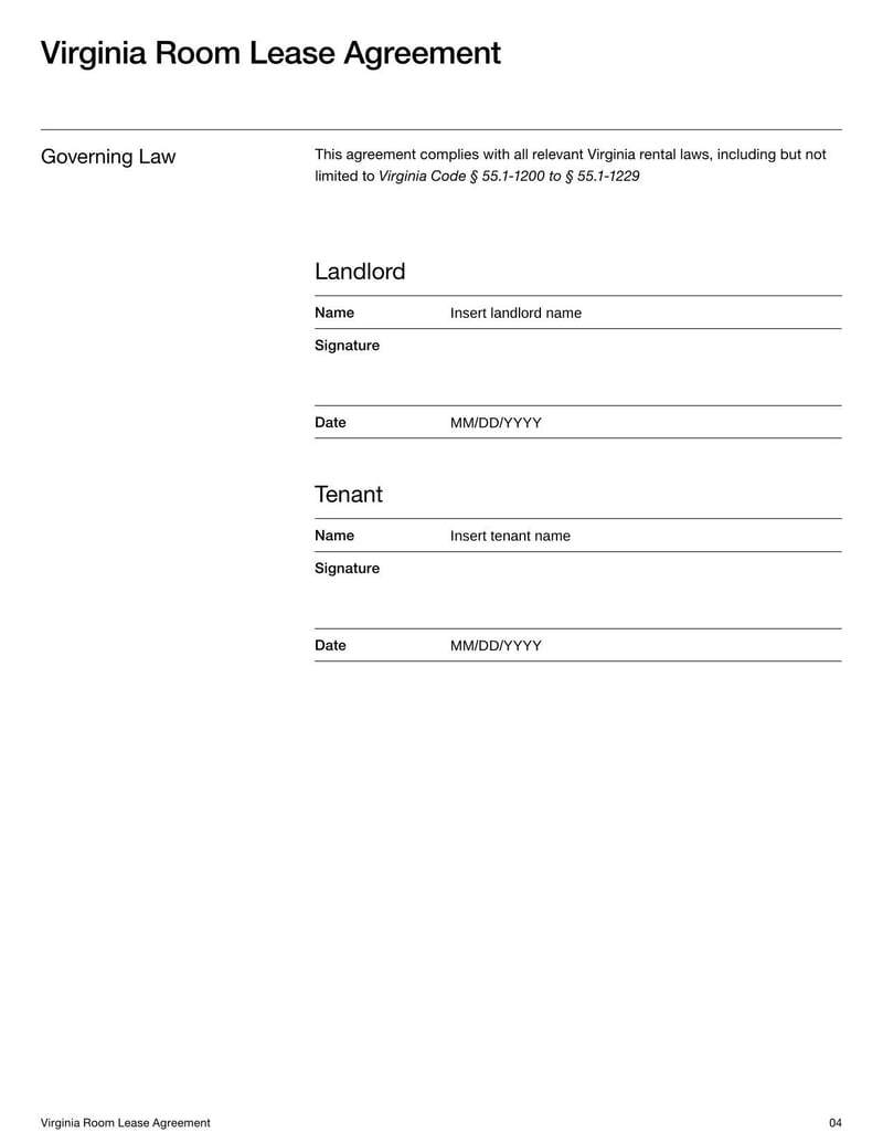 Room Lease Agreement Virginia for specifying rental terms, tenant responsibilities, and use of a room within a residential property 