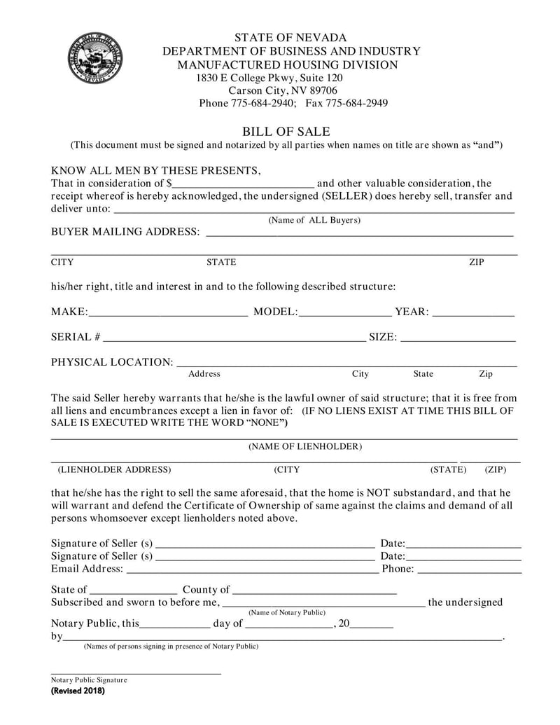 Large thumbnail of Nevada Bill of Sale