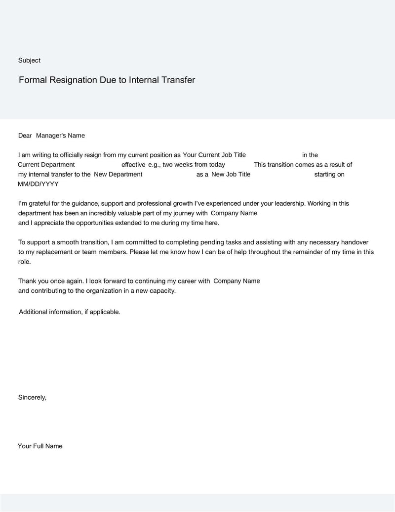 Resignation Letter for Internal Transfer for formally notifying an employer about transferring to a different role within the same organization