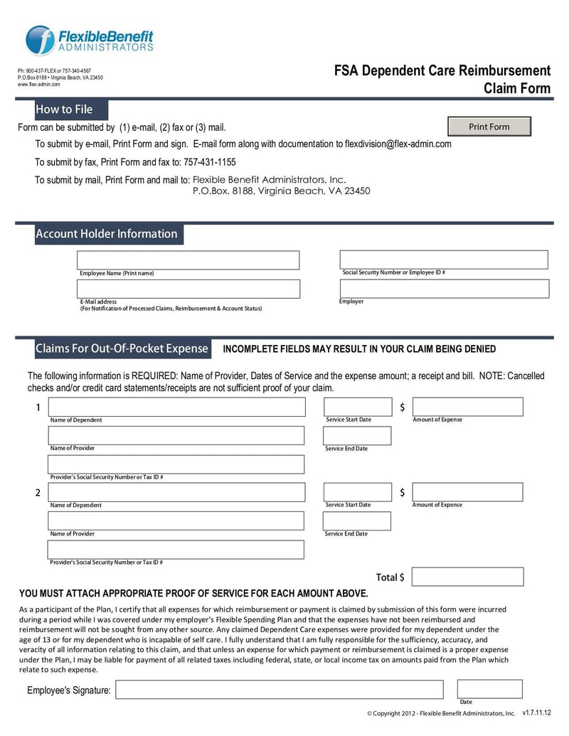 Large thumbnail of FSA Dependent Care Reimbursement Claim Form - Jan 2015