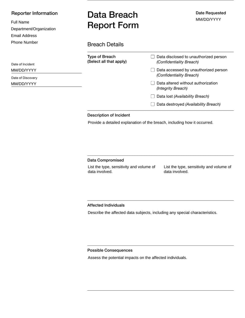 Data Breach Report Form for documenting security breach incidents