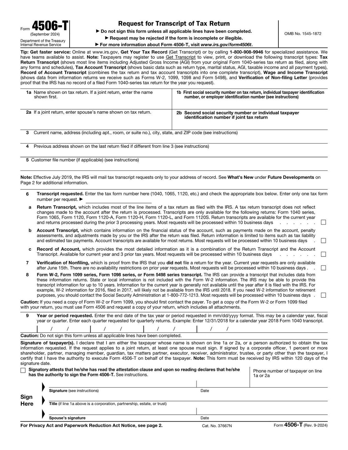 Form 4506-T Request for Transcript of Tax Return