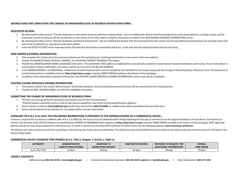 Large thumbnail of Arizona Change of Ownership/Close of Business Notification Form (2023)