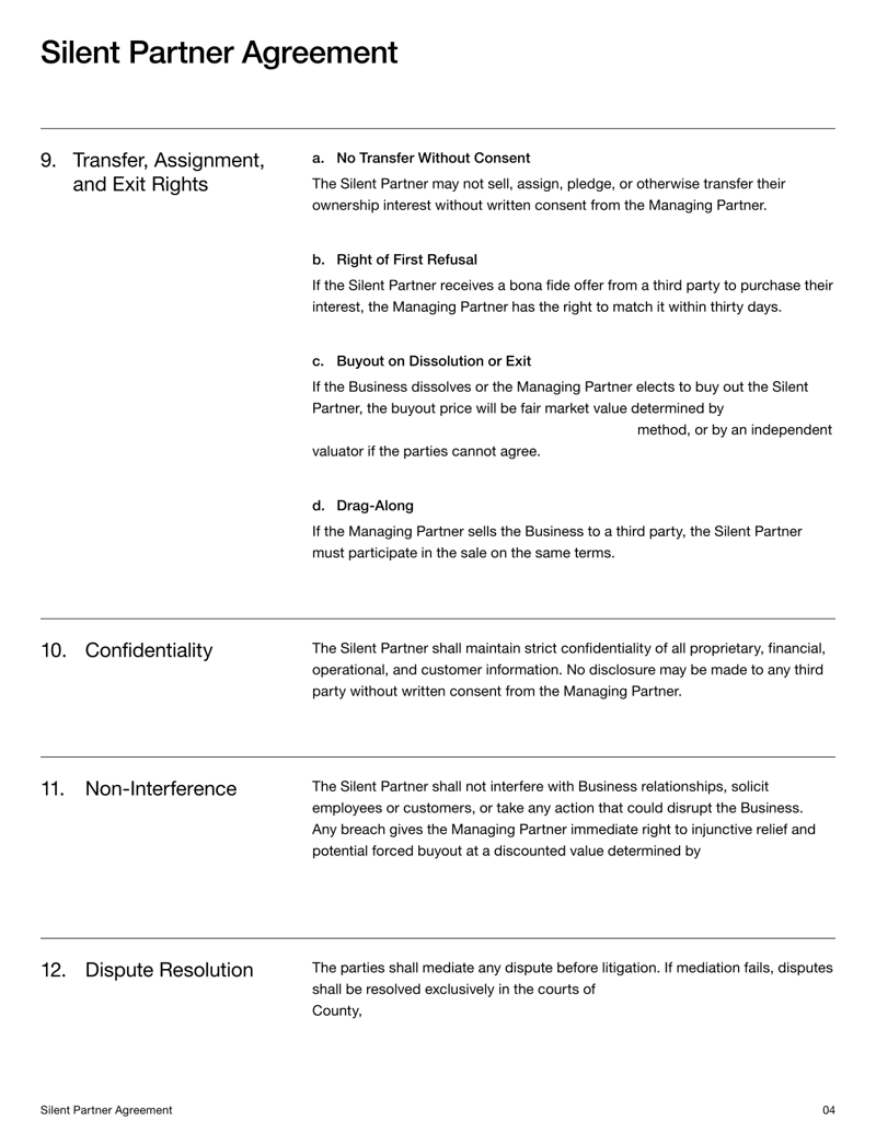 Silent Partner Agreement defining investment terms, partner roles, liability limits and profit distribution