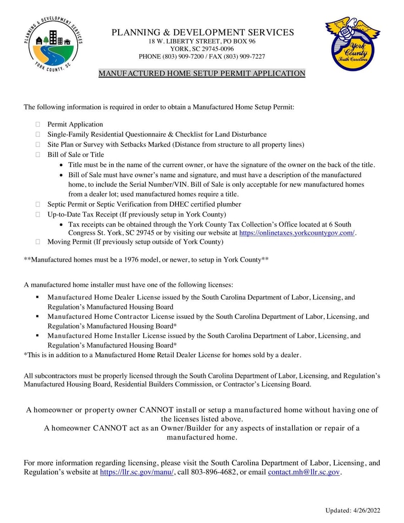 Large thumbnail of York County Manufactured Home Setup Permit Application