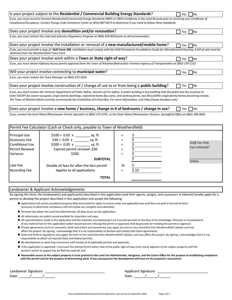 Large thumbnail of Town of Weathersfield Zoning Permit Application
