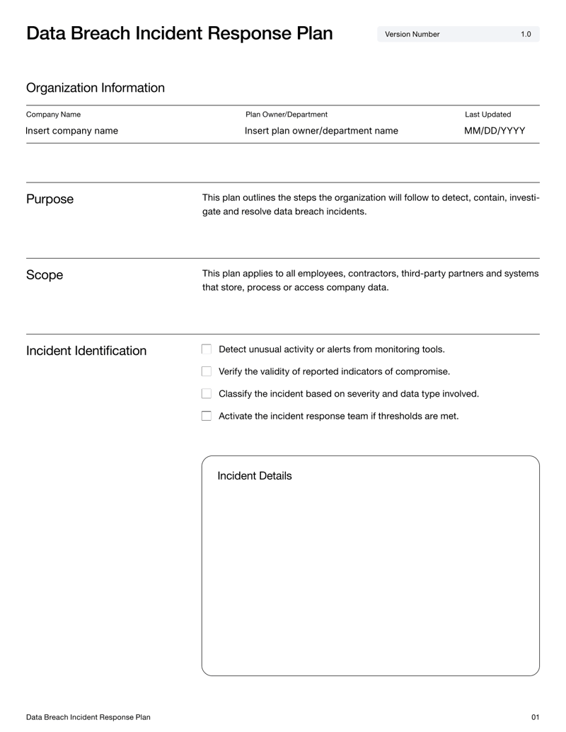 Data Breach Incident Response Plan template with sections for incident identification, containment, investigation, recovery and post-incident review