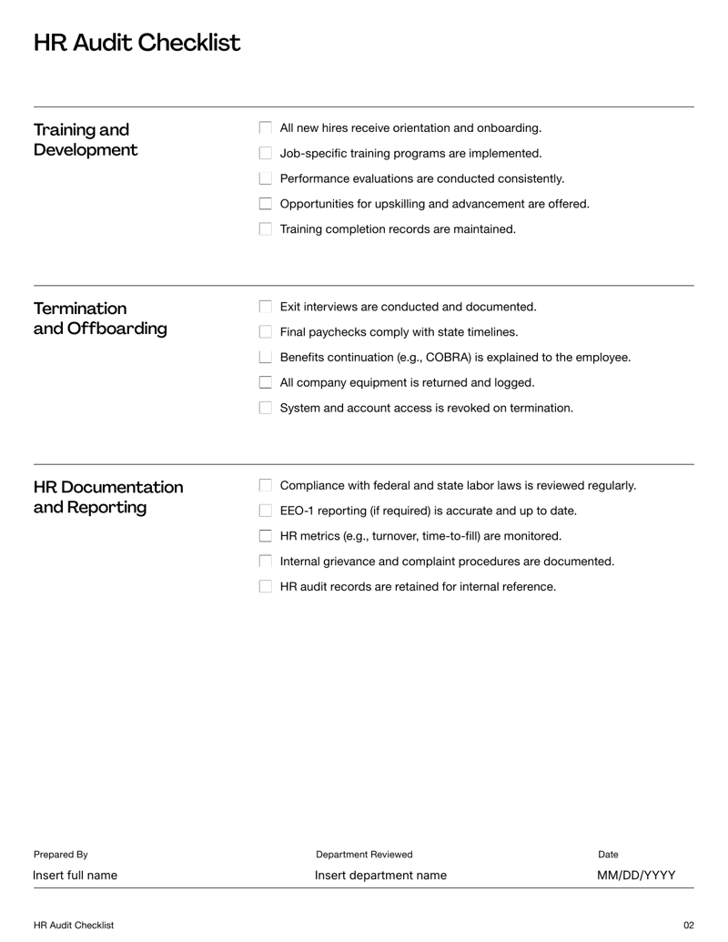 HR Audit Checklist form for reviewing compliance, payroll, hiring and internal HR processes