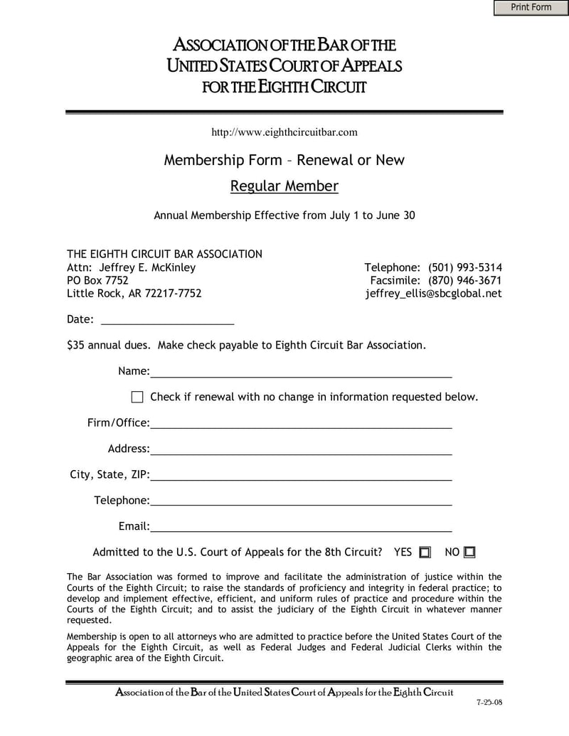 Large thumbnail of Membership Form Renewal or New Regular Member Association of the Bar of the United States Court of Appeals for the Eighth Circuit - Sep 2008