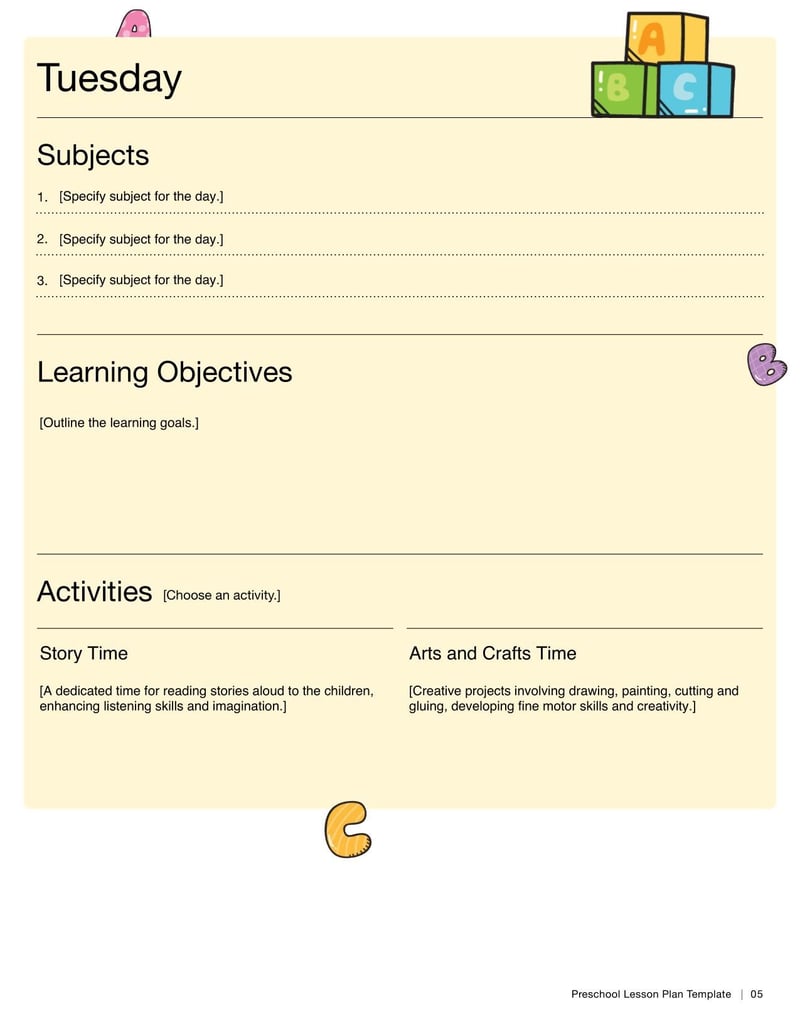 Weekly Preschool Lesson Plan Template for planning weekly lessons tailored to preschool students