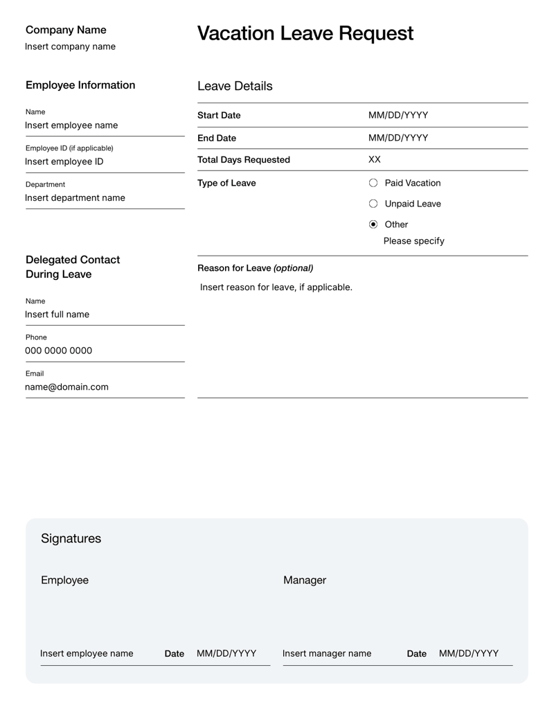 Vacation Leave Request Form with leave dates, employee details, reason and manager approval