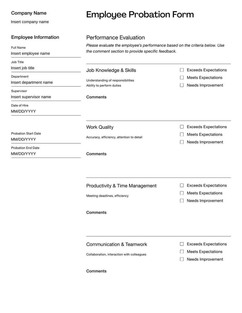 Employee Probation Form evaluating new hires' performance during initial employment period