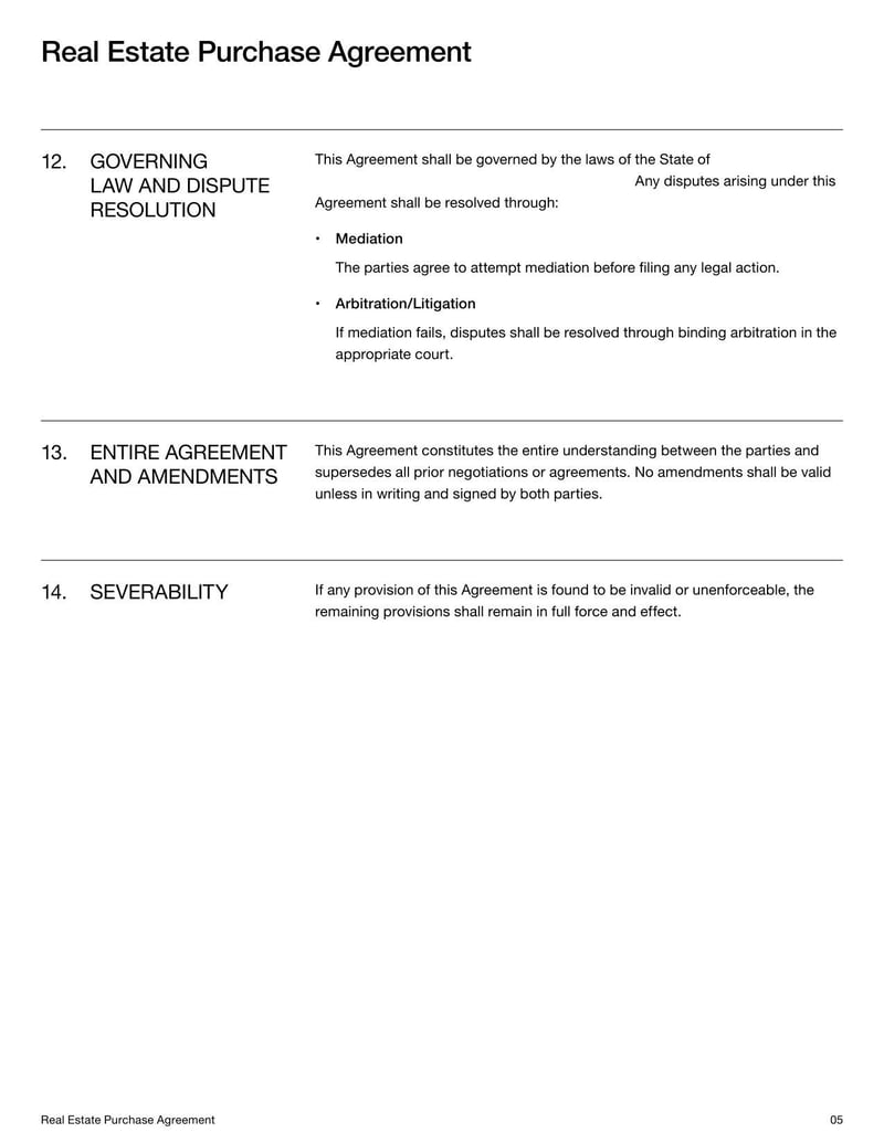 Real Estate Purchase Agreement outlining terms and conditions for the sale of real property