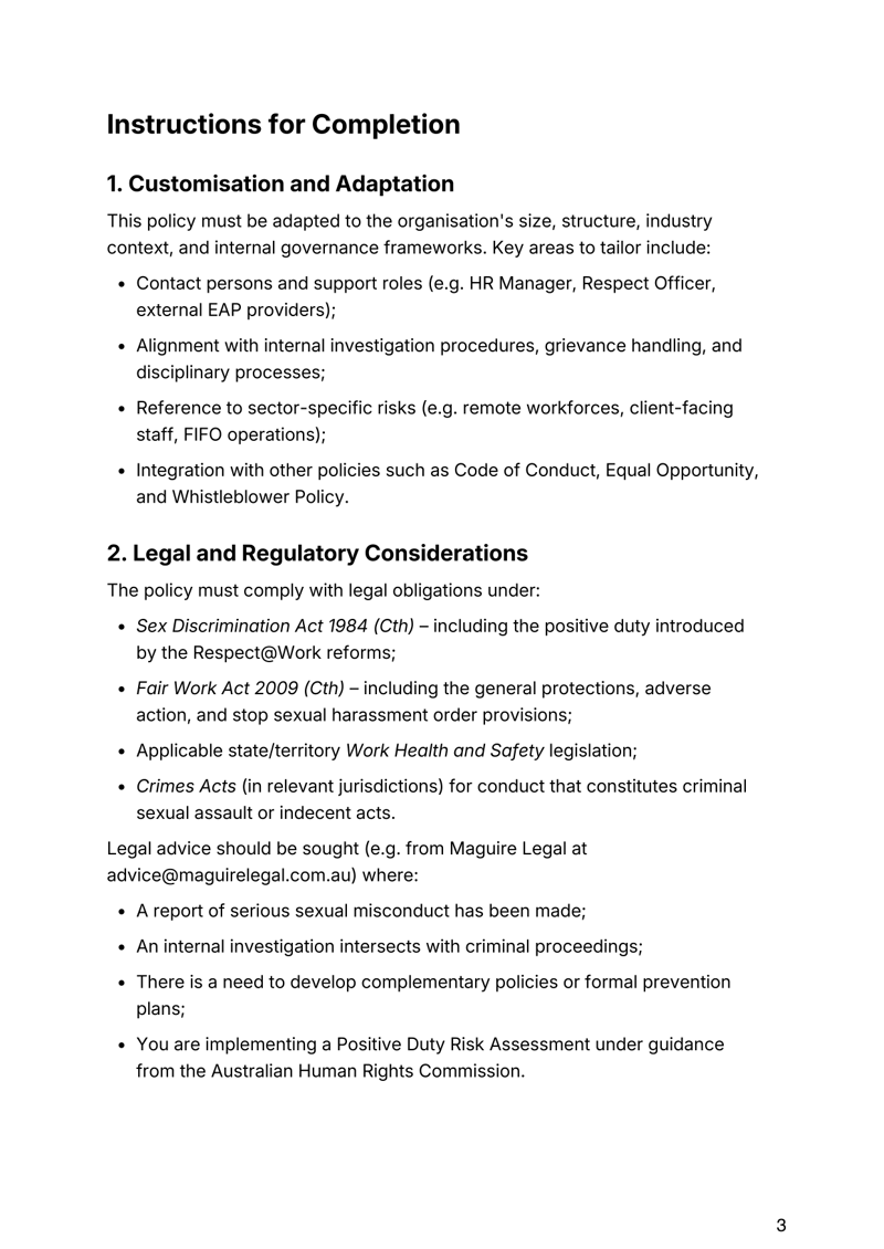 Workplace Sexual Harassment and Assault Policy for Australian organizations addressing compliance, reporting and zero-tolerance standards