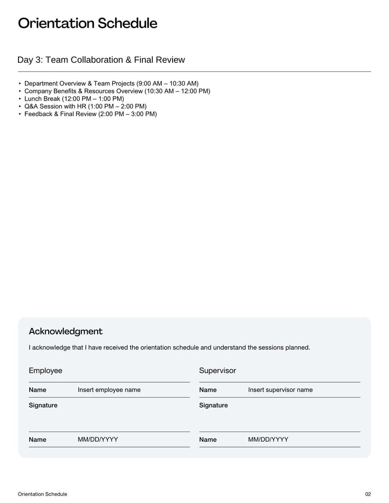 Orientation Schedule Template for outlining dates, times, and activities for new employee onboarding