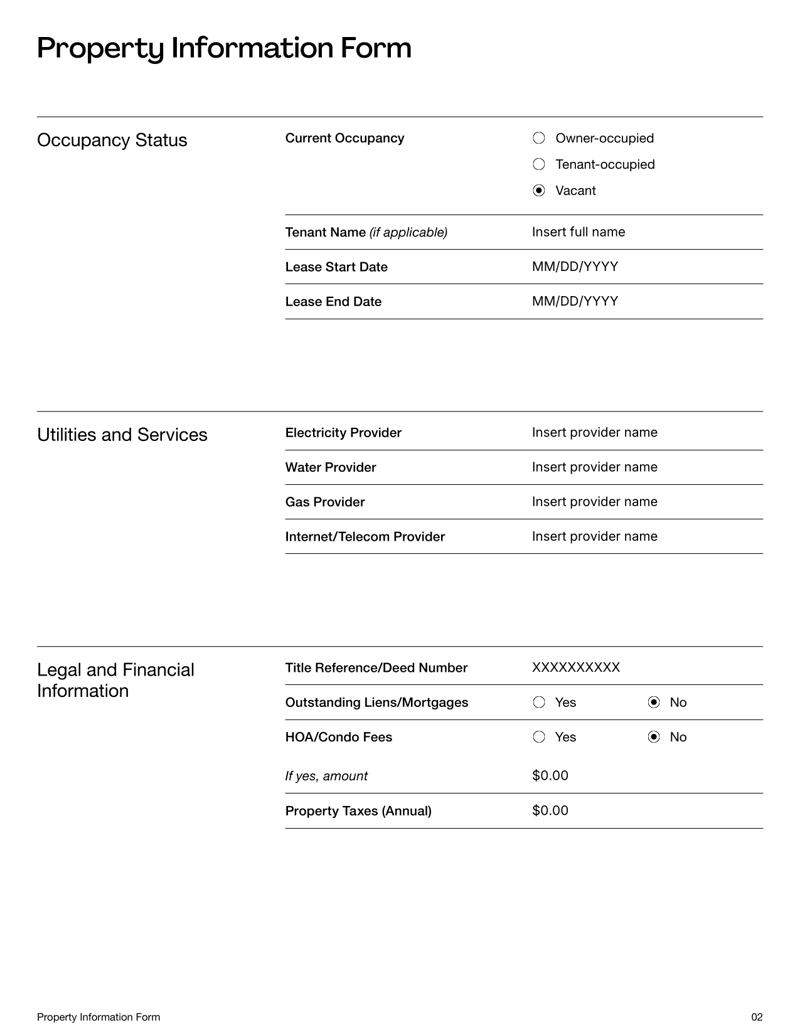 Property Information Form with sections for property details, ownership, occupancy and utilities