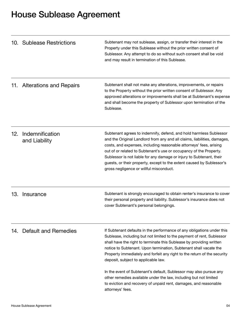 House Sublease Agreement for outlining lease transfer terms