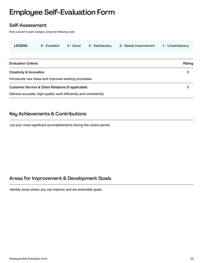 Employee Self-Evaluation Form for assessing personal performance, strengths, and areas for improvement