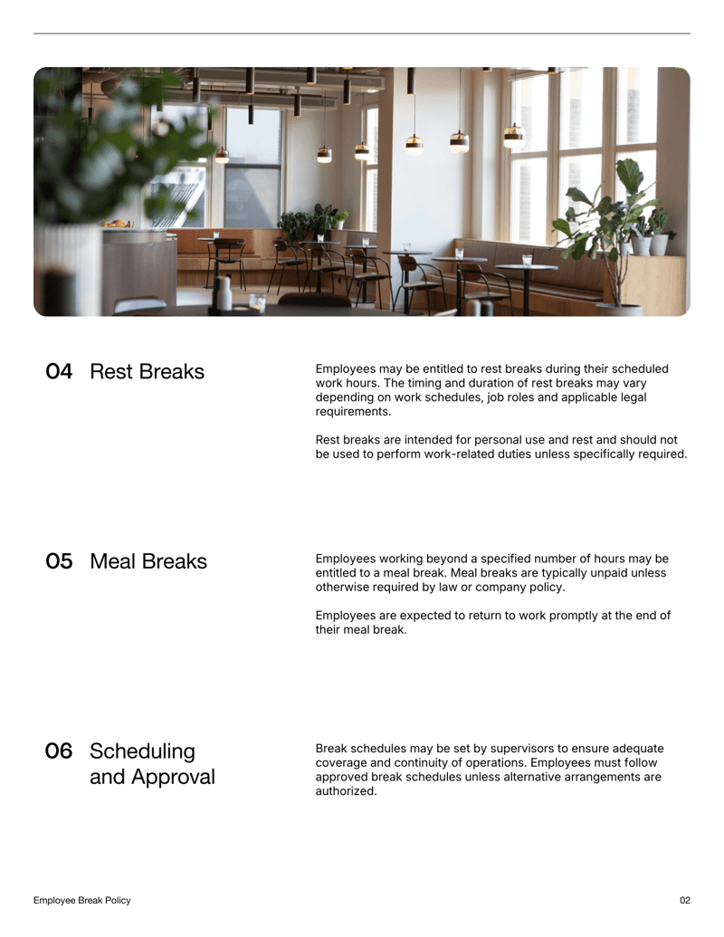 Employee Break Policy defining rest breaks, meal periods and employee acknowledgment