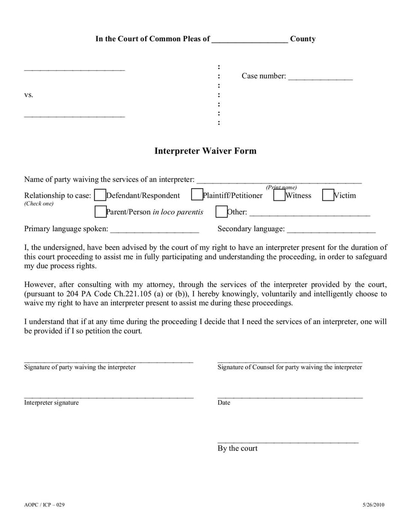 Large thumbnail of Interpreter Waiver Form (Form AOPC / ICP – 029) - Jul 2015