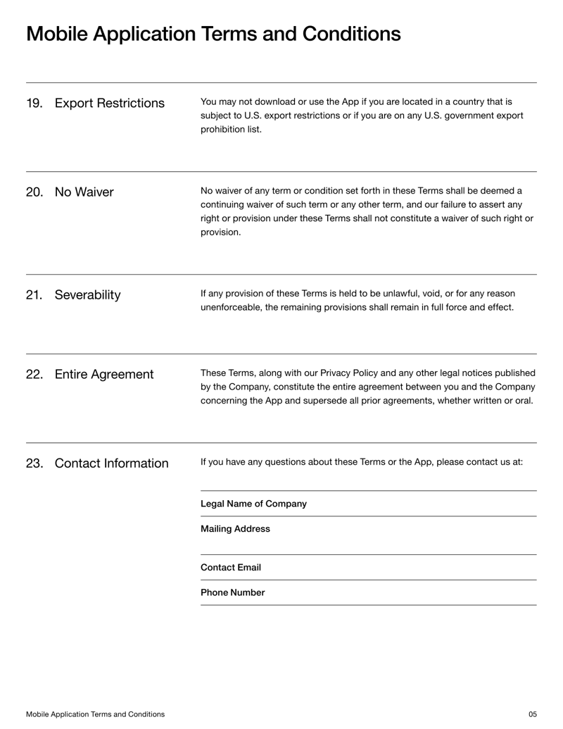 Mobile App Terms and Conditions setting app usage terms, privacy rules and user responsibilities