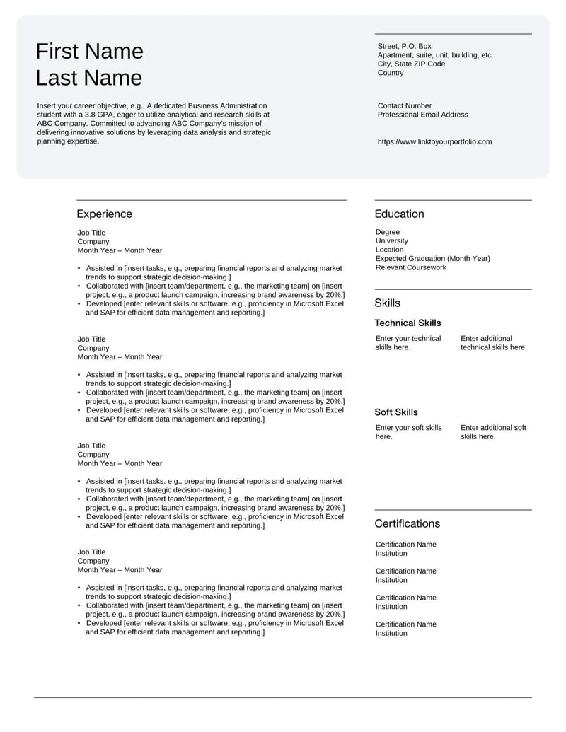 Internship Resume Template for students or entry-level candidates to showcase skills and experience