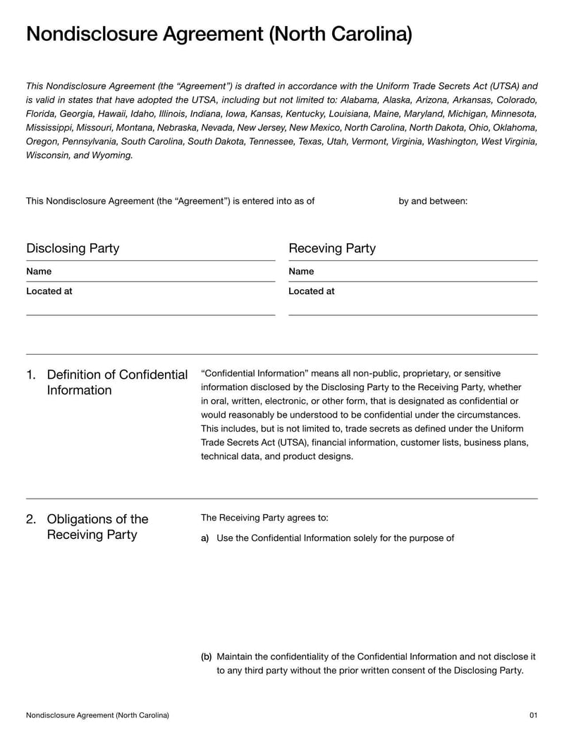 North Carolina Nondisclosure Agreement document with confidentiality and nondisclosure terms