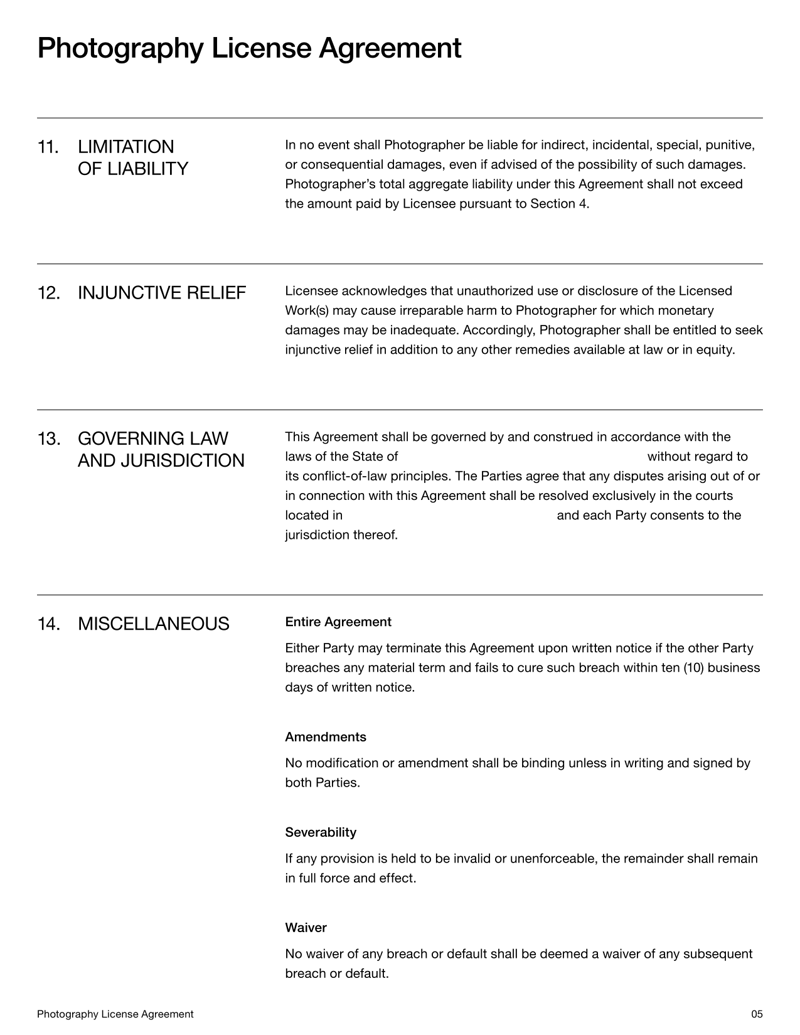 Photography License Agreement detailing usage rights, restrictions and copyright ownership between the photographer and the licensee