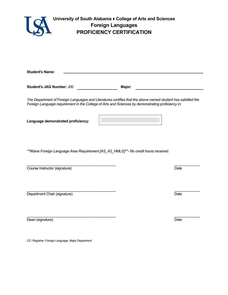 Large thumbnail of University of South Alabama Foreign Languages Proficiency Certification