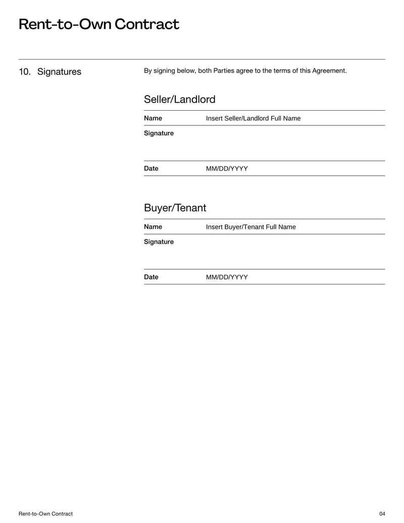 Rent to Own Contract detailing terms for leasing a property with an option to purchase, including payment schedule, purchase price, and tenant-buyer obligations