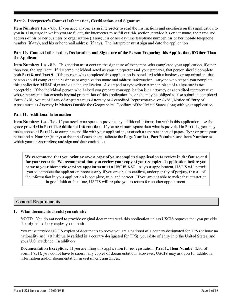Large thumbnail of Instructions for Form I-821 - Jul 2019