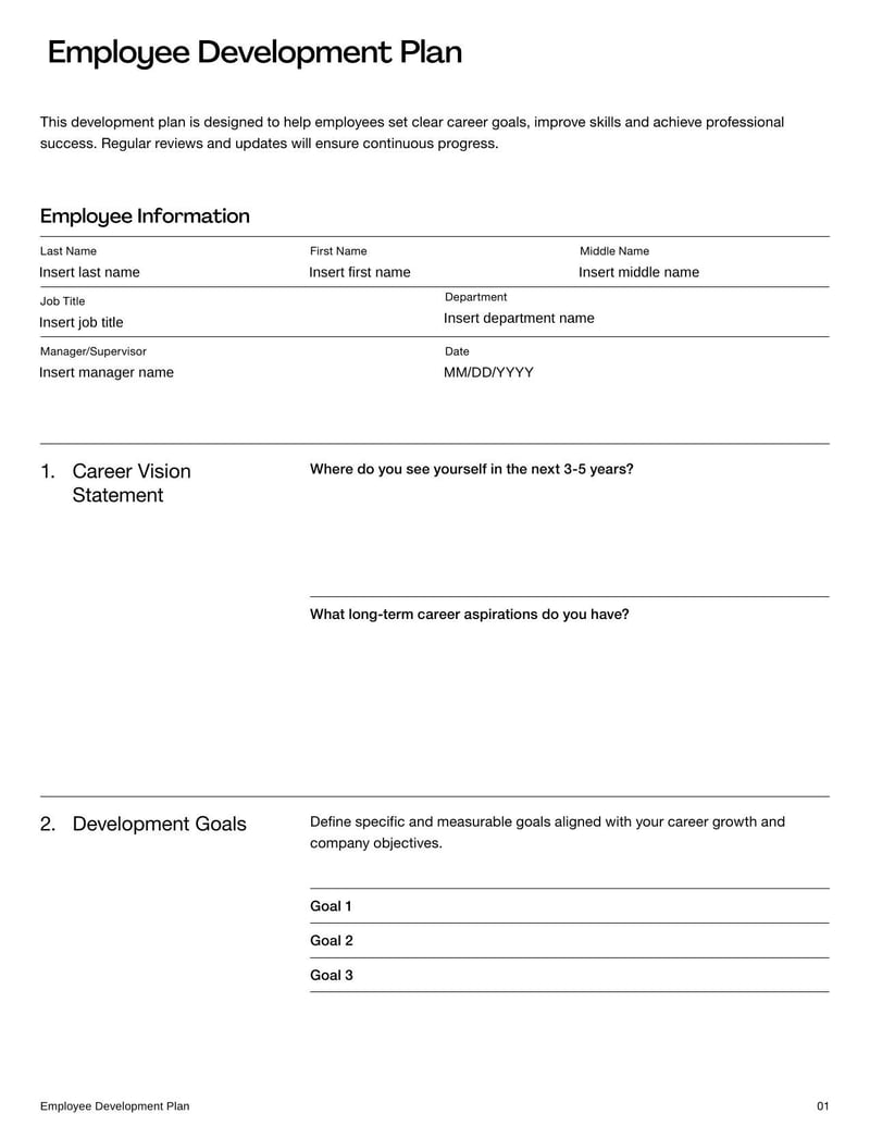 Employee Development Plan outlining strategies for an employee's professional growth and skill enhancement