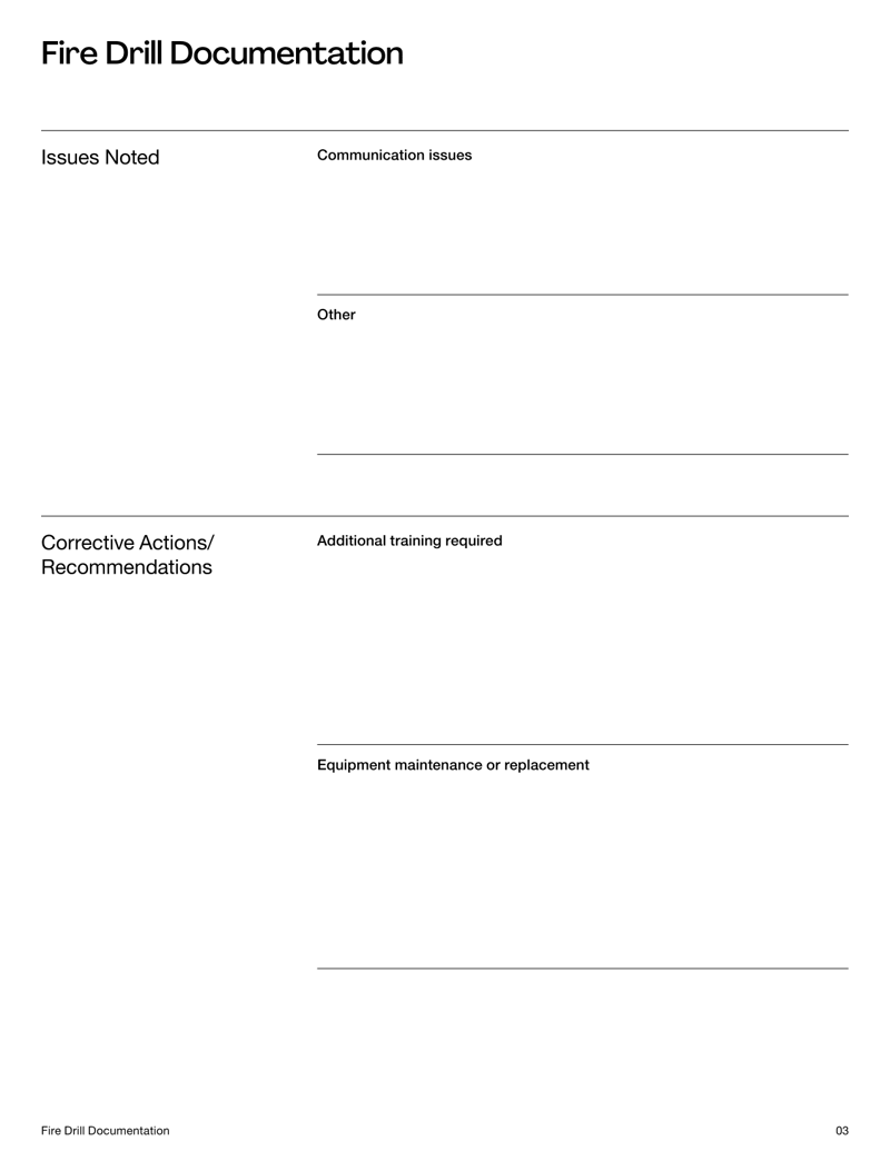Fire Drill Documentation with sections for drill details, observations and corrective actions