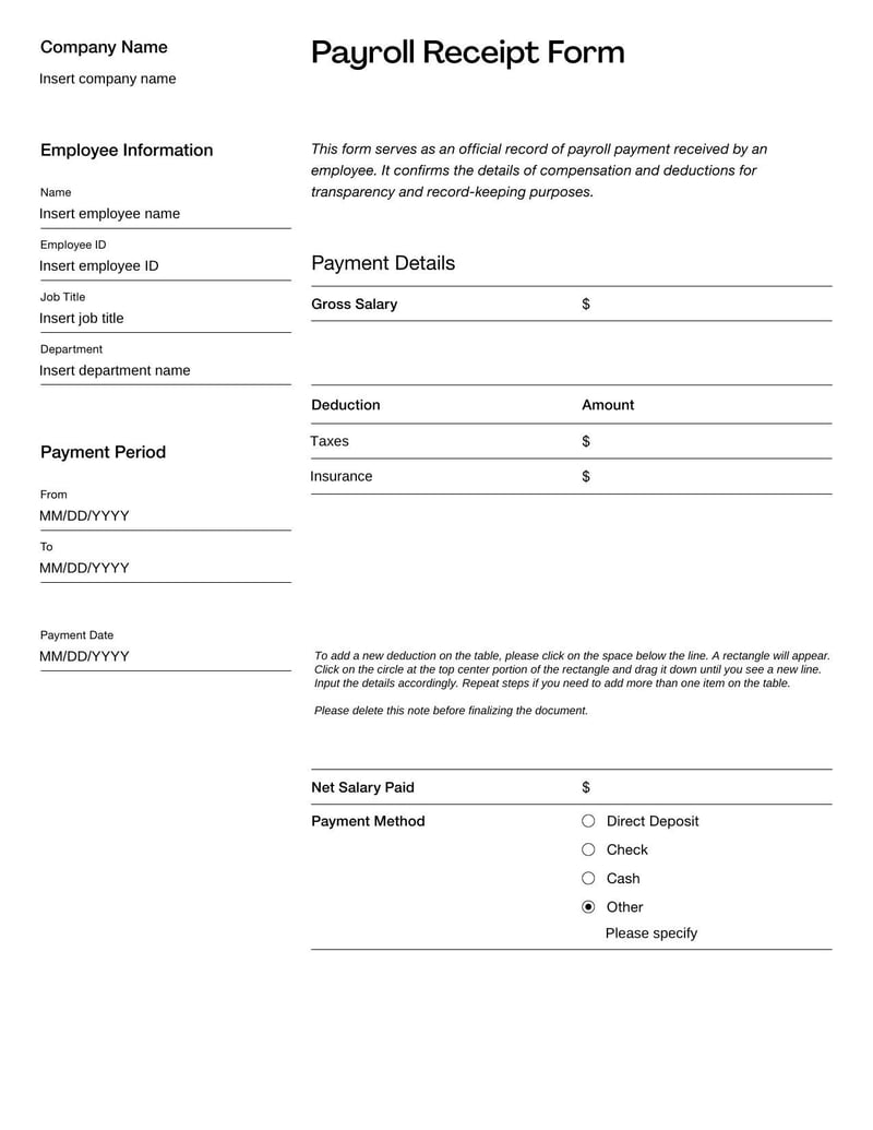 Payroll Receipt Form documenting employee payment details, including wages, deductions, and net pay