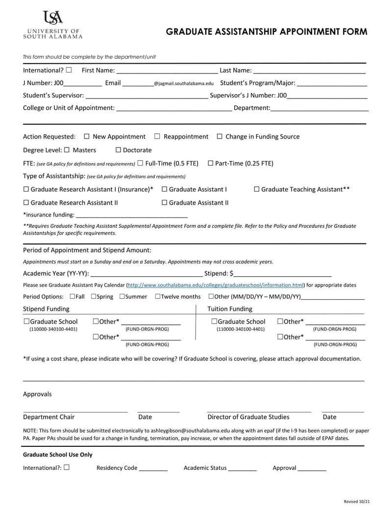 Large thumbnail of University of South Alabama Graduate Assistantship Appointment Form