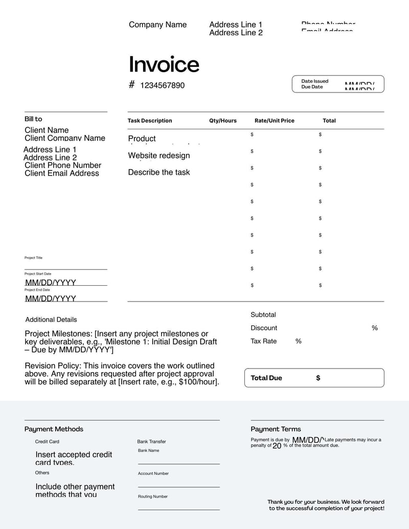 Project Invoice Template for billing clients for project-based work and deliverables