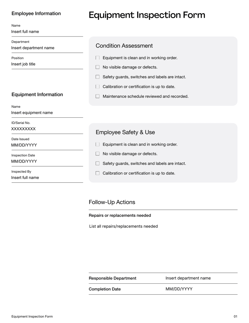 Equipment Inspection Form with sections for employee details, equipment condition, safety verification, follow-up actions and HR acknowledgment