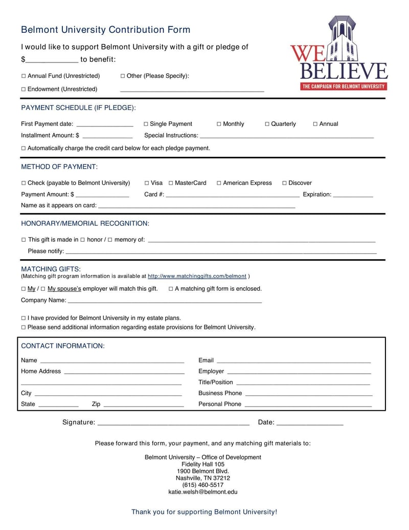 Large thumbnail of Belmont University Contribution Form