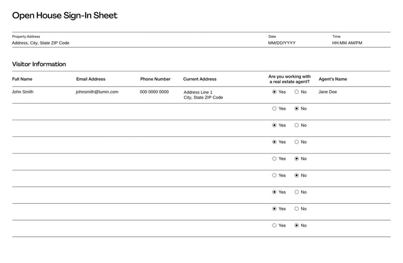 Open House Sign-In Sheet for collecting visitor contact details at property showings