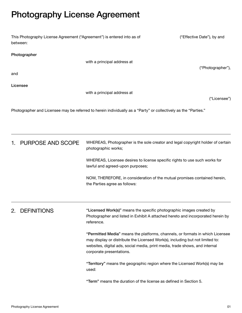 Photography License Agreement detailing usage rights, restrictions and copyright ownership between the photographer and the licensee