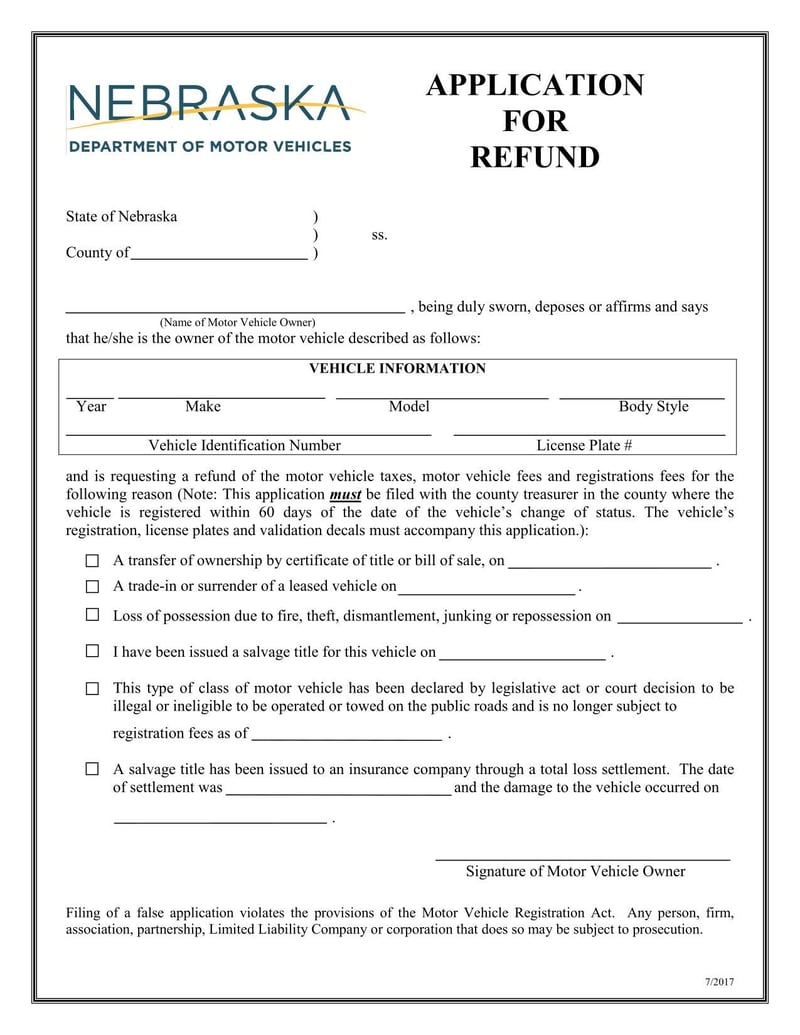 Large thumbnail of Nebraska Motor Vehicle Application for Refund (2017)