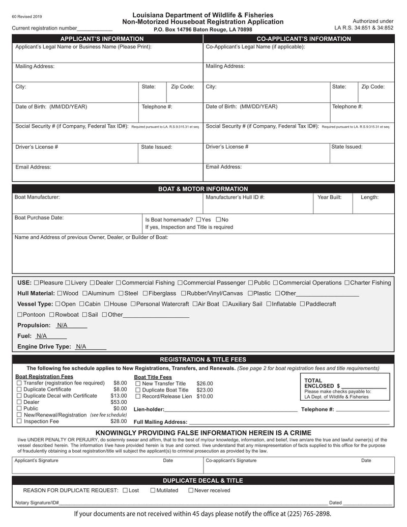 Large thumbnail of Non-Motorized Houseboat Registration Application