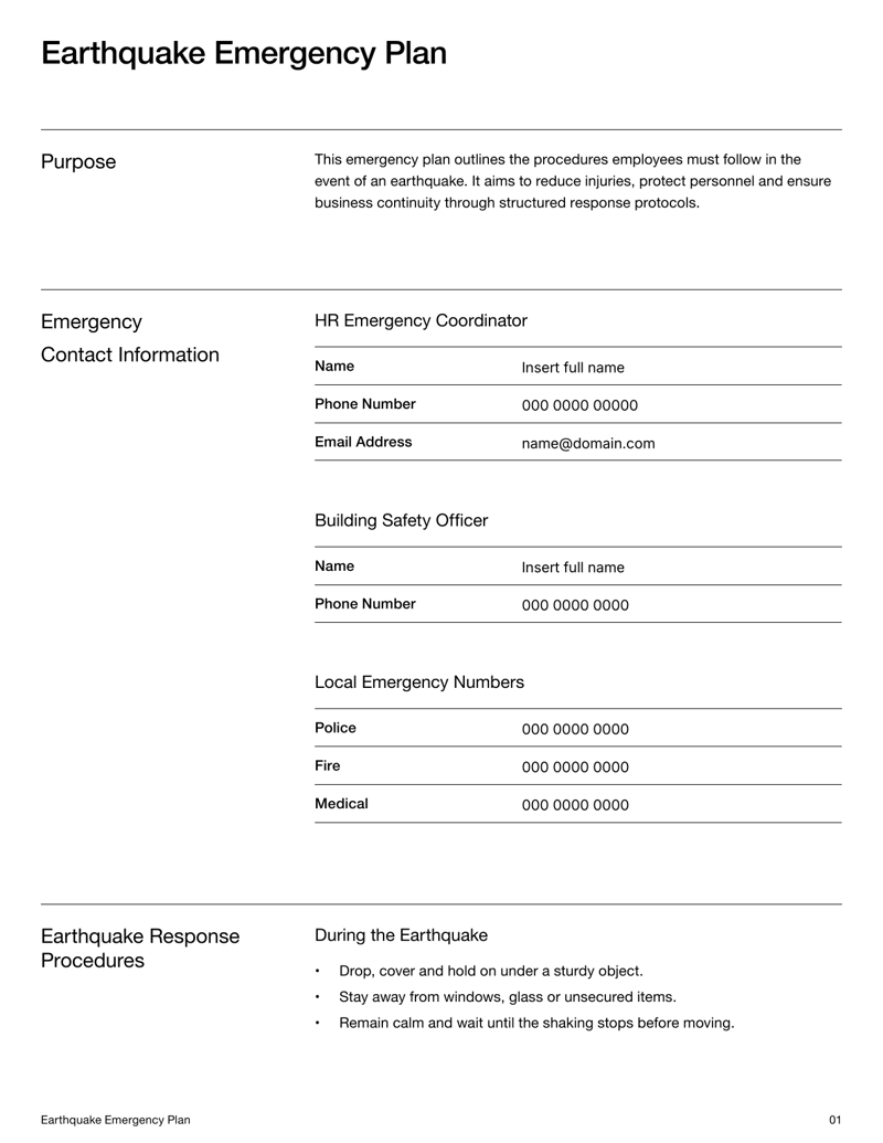 Earthquake Emergency Plan with emergency contacts, evacuation info, response protocol and acknowledgment section